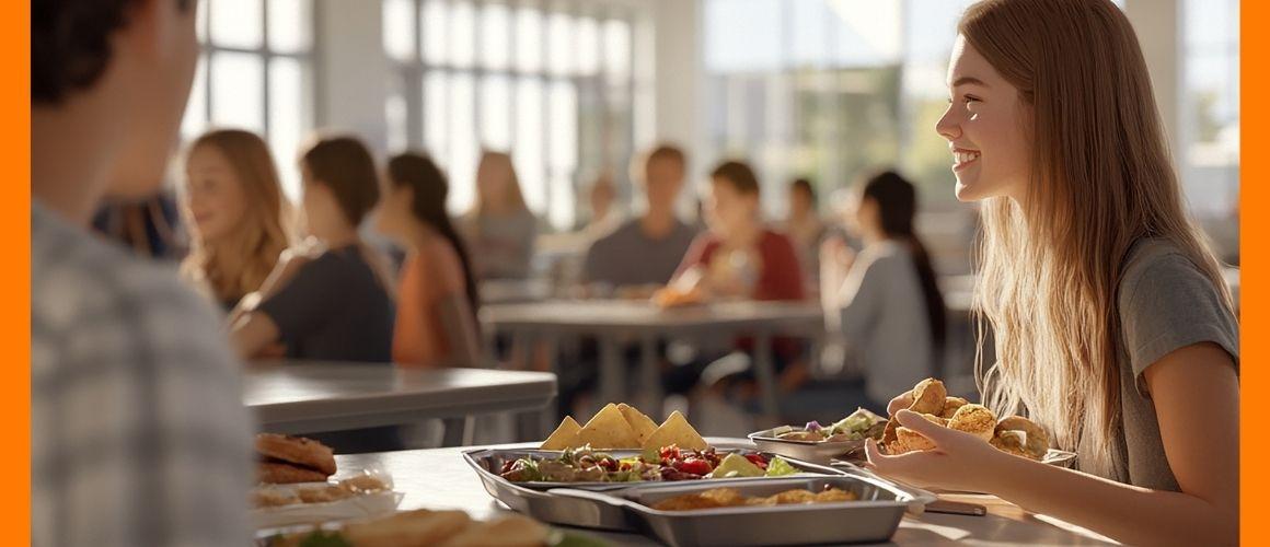 In einer Schulkantine sitzen viele Kinder. Vorne sitzt ein Mädchen mit langen Haaren , vor ihr ein Tablett mit viel Essen, ihr gegenüber sitzt ein Junge mit einem Tablett.