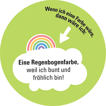 Ein grüner Kreis darin ist ein Regenbogen und es steht: Wenn ich eine Farbe wäre, dann wäre ich: Eine Regenbogenfarbe, weil ich bunt und fröhlich bin!