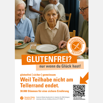Senioren essen miteinander. in der Mitte sitzt eine Seniorin vor einem leeren Teller.