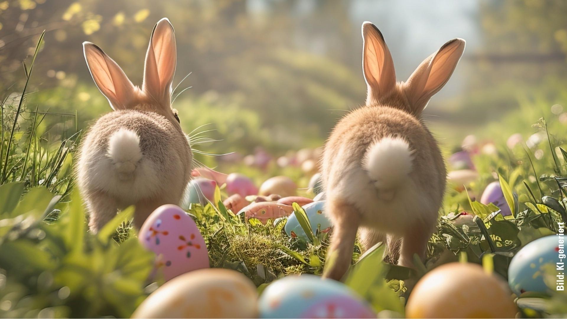 2 Hasen rennen durch den Wald auf dem viele bunte Ostereier liegen.