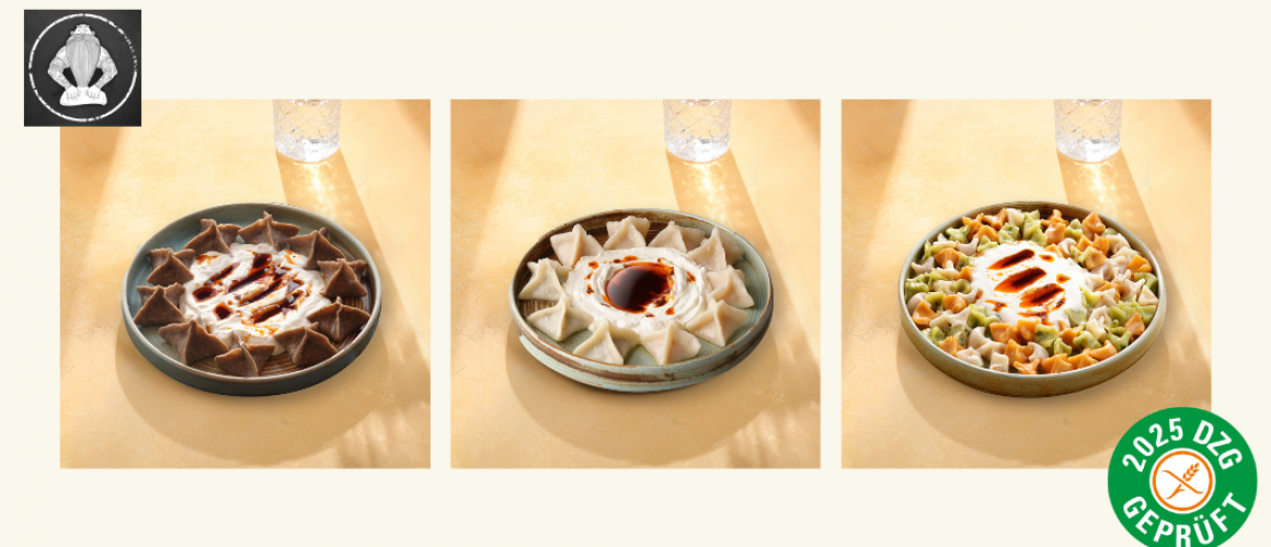 Drei Teller mit vielen glutenfreien Dumplings von Mr. Dupling und in der Mitte ein Dip. Rechts unten das Siegel für DZG geprüft