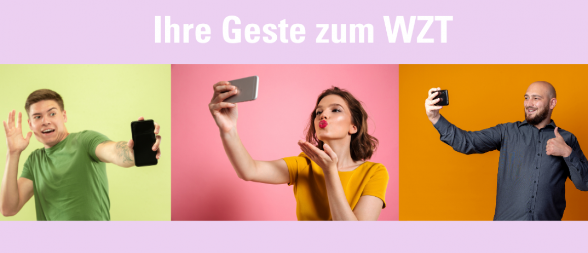 Junge Erwachsene machen Selfies mit Gesten zum WZT