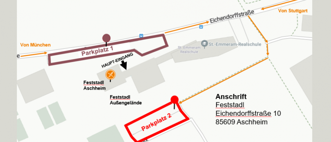 Anfahrtskizze mit Parkplätzen zum Feststadl in Aschheim