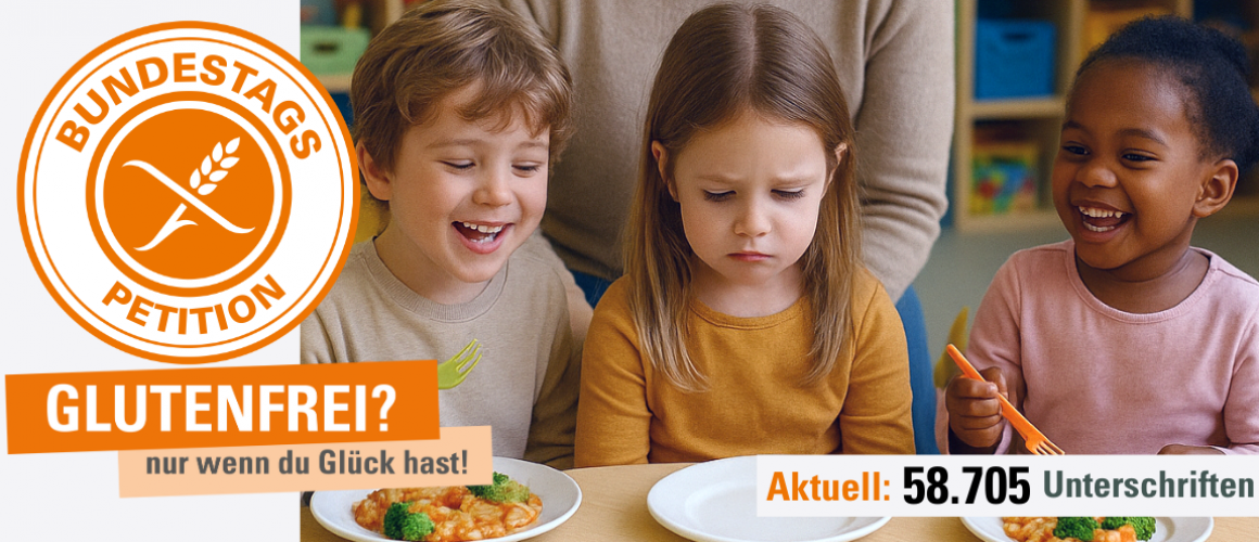 3 Kinder sitzen nebeneinsnder und essen. Das mittlere Kind, ein kleines Mädchen schaut traurig auf ihren leeren Teller. Links daneben ist das Petitionslogo und darunter steht Glutenfrei? Nur wenn du Glück hast.