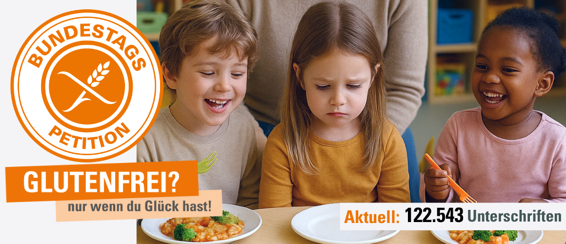 3 Kinder sitzen nebeneinsnder und essen. Das mittlere Kind, ein kleines Mädchen schaut traurig auf ihren leeren Teller. Links daneben ist das Petitionslogo und darunter steht Glutenfrei? Nur wenn du Glück hast.