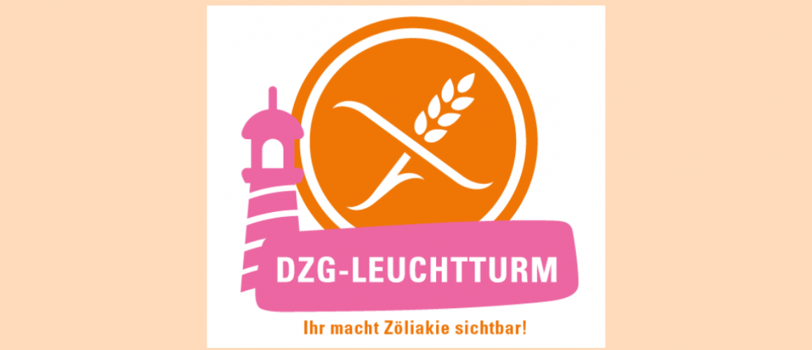 Logo des DZG-Leuchtturm-Projektes: Ein stilisierter rosa Leuchtturm steht links neben einem orangefarbenen Kreis mit einem durchgestrichenen Ähren-Symbol (DZG-Logo). Darunter befindet sich ein pinkes Banner mit der Aufschrift „DZG-LEUCHTTURM“. Unter dem Logo steht der Slogan „Ihr macht Zöliakie sichtbar!“.