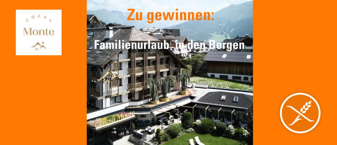 orangener Hintergrund- darauf ist ein Foto vom Hotel Chesa Monte und darüber steht: Zu gewinnen: Familienurlaub in den Bergen