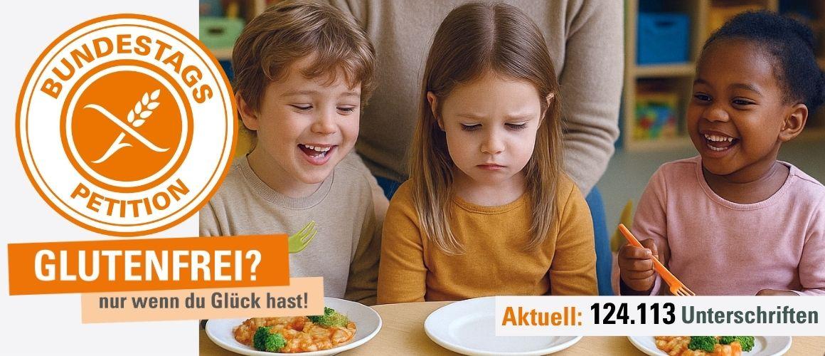 3 Kinder sitzen nebeneinsnder und essen. Das mittlere Kind, ein kleines Mädchen schaut traurig auf ihren leeren Teller. Links daneben ist das Petitionslogo und darunter steht Glutenfrei? Nur wenn du Glück hast.