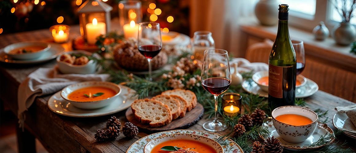 Schön weihnachtlich gedeckter Tisch mit vielen Kerzen und Kürbissupe