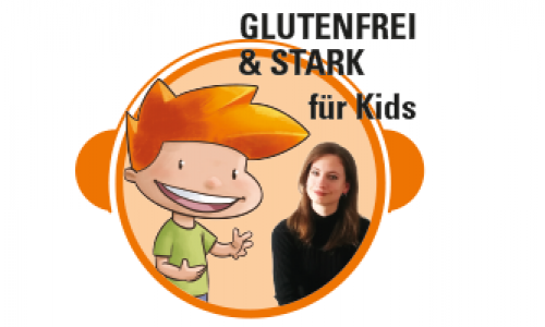 Zacharias und Kerstin sind in einem Kreis mit Kopfhörer- darüber steht Glutenfrei & Stark für Kids