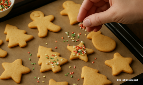 Plätzchen die auf einem Backblech liegen und mit streusel bestreut werden