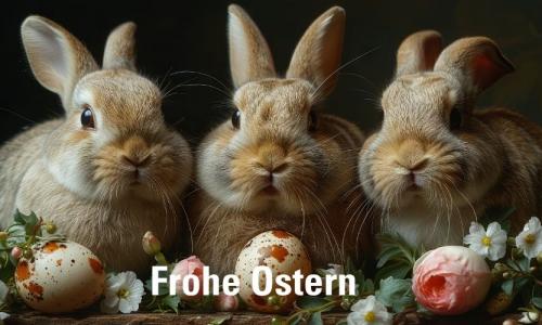 Drei Hasen sitzen eng nebeneinander und schauen in die Kamera. Um sie herum liegen Ostereier und Blumen. Darunter steht: Frohe Ostern