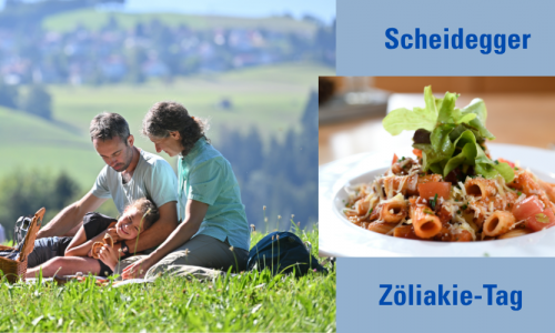 Familie sitzt entspannt auf einer grünen Wiese bei einem Picknick vor einer ländlichen Hügellandschaft; rechts daneben Nahaufnahme eines glutenfreien Pasta-Gerichts mit Salat auf einem weißen Teller vor blauem Hintergrund. Rechts steht: Scheidegger Zöliakie -Tag 