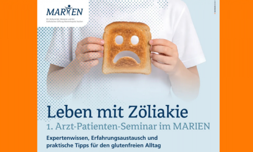 ein Mann mit weißen T-Shirt hält ein Toastbrot in der Hand aus dem ein trauriger Smiley geschnitten ist. Darunter steht das Motto des Arzt-Patientenseminars: Leben mit Zöliakie