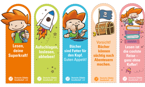 5 bunte Lesenzeichen stehen nebeneinander. Im ersten ist oben immer eine Zeichnung :ein Portrait von Zacharias,eine Rakete, eine Schatztruhe - darunter steht immer ein Satz: Lesen, deine Superkraft!